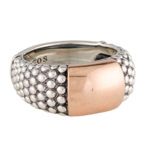 LAGOS Jewelry - LAGOS TWO-TONE 18K ROSE GOLD & STERLING SILVER CAVIAR HIGH BAR RING